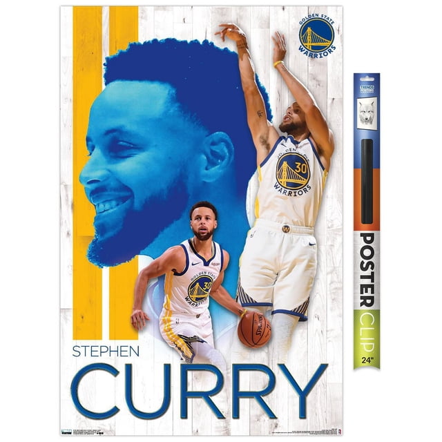 NBA Golden State Warriors - Stephen Curry 19 Affiche Murale, 22,375 Po x 34 Po Encadrée Mettant en Vedette Stephen Curry en Chandail Golden State Warriors Blanc Numéro 30 Dribblant et Tirant un Ballon de basketball sur un Fond en Planches de Bois Blanches avec des Rayures Bleues et Jaunes, une Grande silhouette Bleue de la Tête de Curry derrière, et le logo des Warriors dans le Coin Supérieur Droit, Idéale pour la Déco Murale de Pièce à Thème Sportif Ou de Bureau.