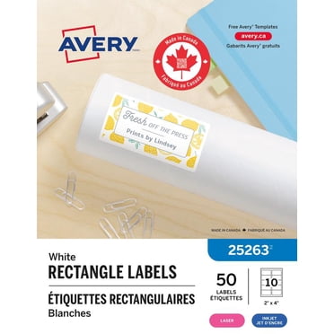 Avery White Rectangle Labels with Sure Feed Technology, TrueBlock, 2" x 4", for Laser and Inkjet Printers - 25263