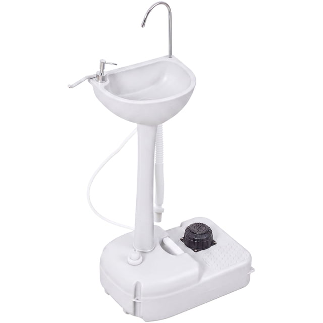 kleankin Station de Lavage des Mains Portative pour Évier de Camping avec Réservoir d'Eau de 17 L, Autoportant, Orienté vers l'Avant, en HDPE avec Poignée Intégrée et Roues; Réservoir d'Eau de 17 L (4,5 gal), Réservoir Intégré de 0,66 gal pour Désinfectant pour les Mains, Porte-Serviettes en Acier Inoxydable, Tuyau de drainage flexible et Bec de Pompe à Hauteur d'Évier de 31 Pouces, Illustré sur un Fond de studio Neutre. Convient au Camping, aux Pique-Niques, aux Chantiers et aux Év