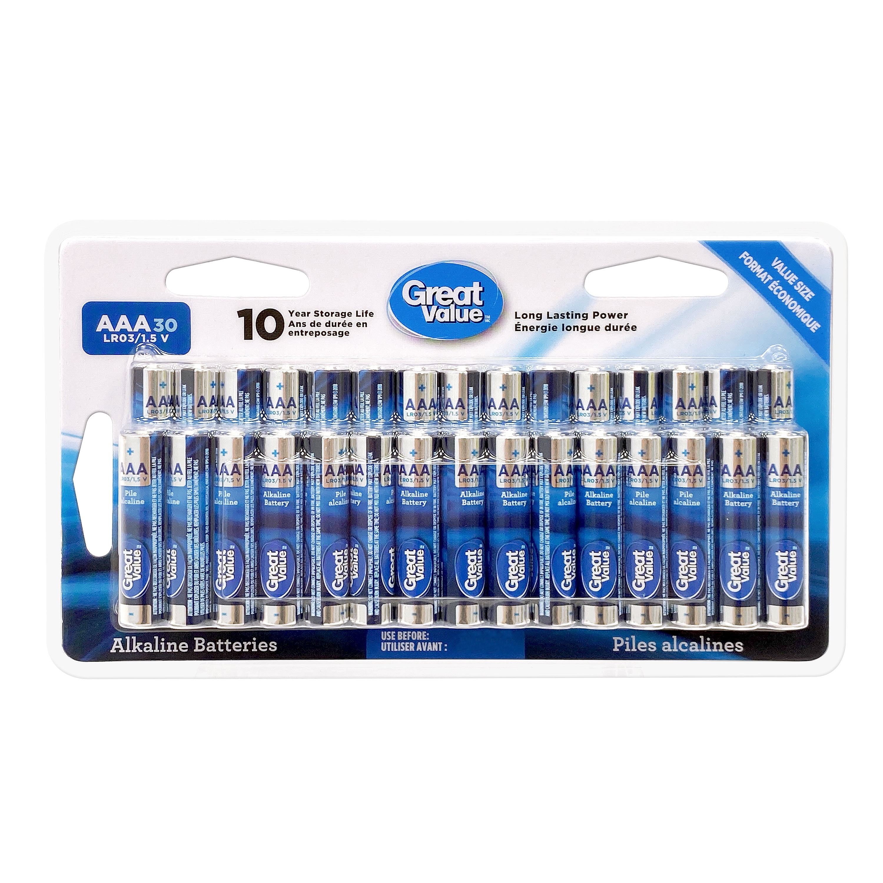 Piles alcalines AAA LRO3/1,5 V, format économique de Great Value Paquet de 30, durée de conservation de 10 ans