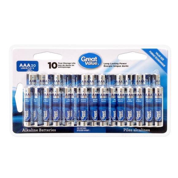 Great Value AAA LRO3/1.5 V Alkaline Batteries, Value Size 30-Pack, 10 year storage life