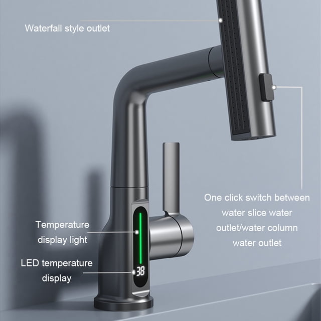 Langgg Robinet d'Eau de Qualité Supérieure avec Affichage de la Température à DEL et Rotation à 360°, Relevable et Rotation à 360°, Robinet de Douche Doré
