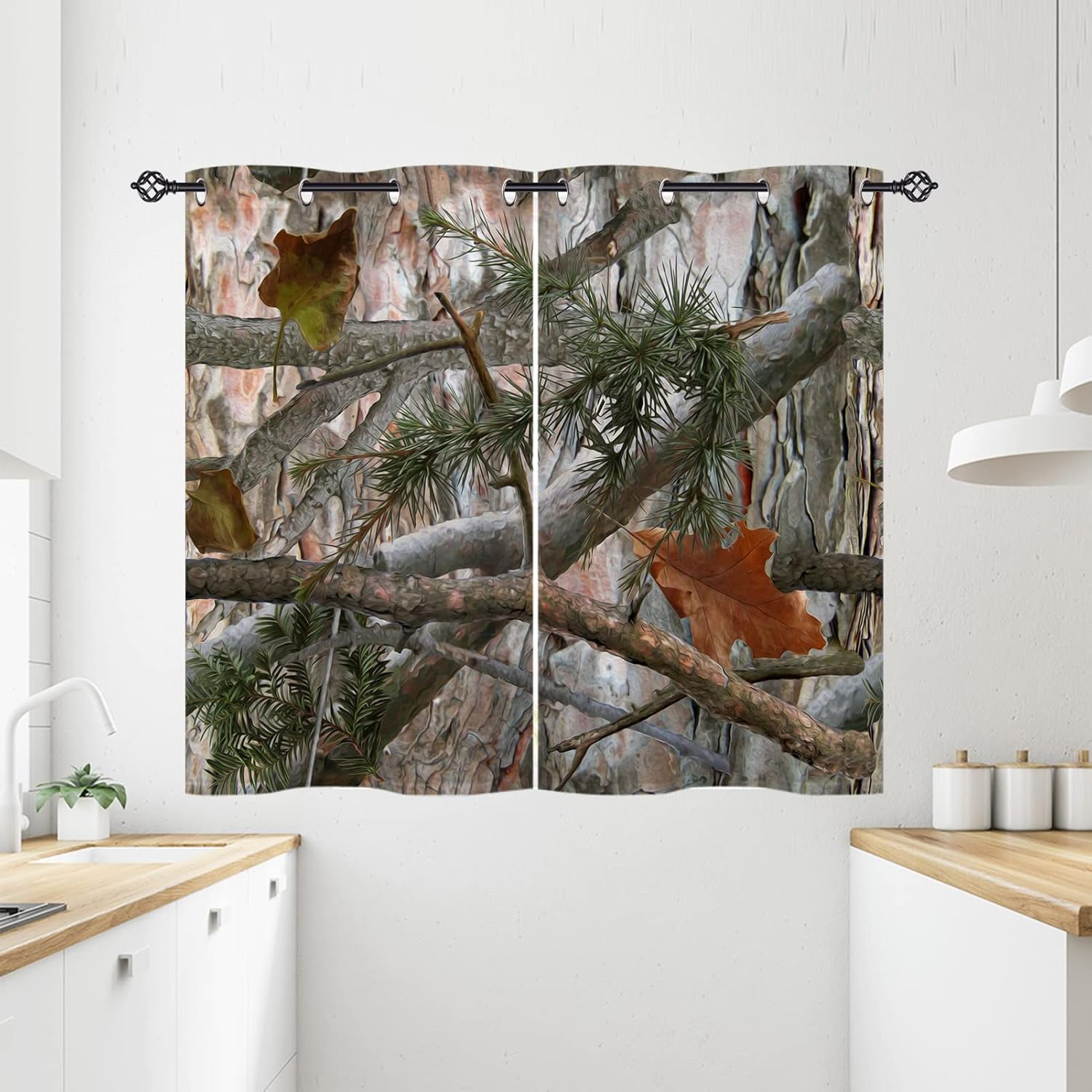 Green Abstract Mid Century Kitchen Curtains Leaf Small Short Cafe Window Curtains Minimalist Geometry Rod Pocket Bathroom Window Drapes Treatment Tier Curtains 2 Panels (27.5x39 Inch)