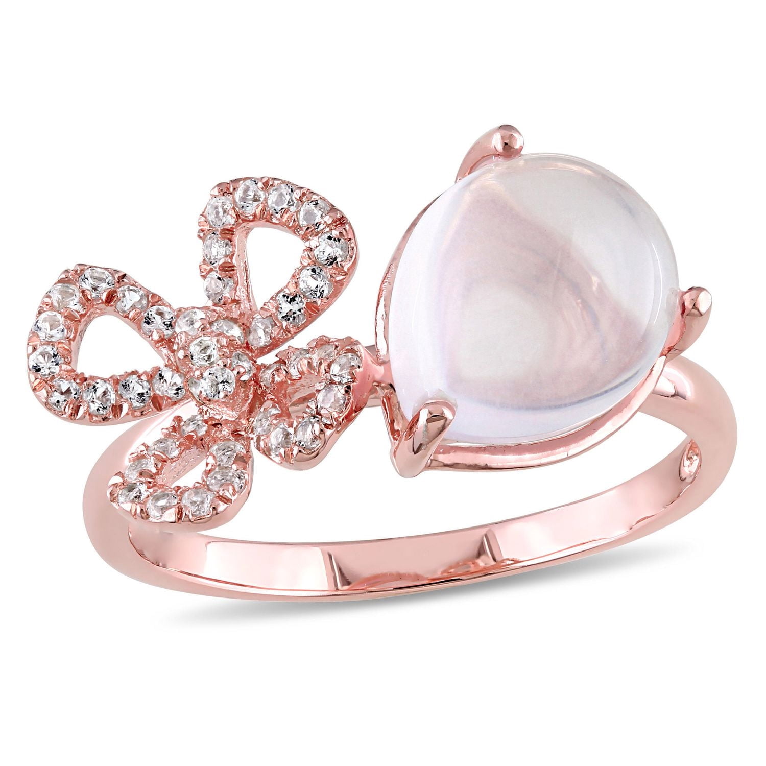 Bague cocktail florale Tangelo avec quartz rosé et topazes blanches 1-3/8 CT PBT en argent sterling plaqué de rhodium rosé