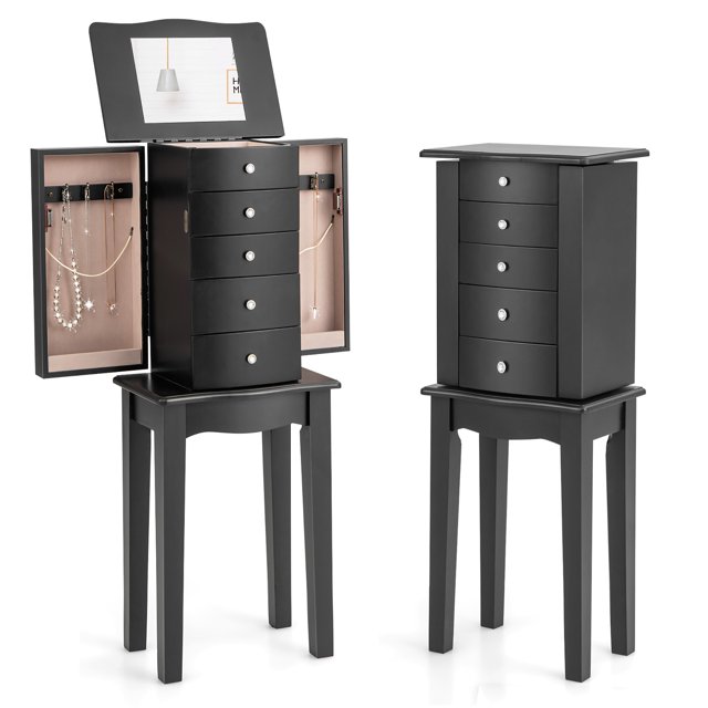 Gymax Armoire à Bijoux Debout avec Miroir Rabattable et 4 Tiroirs, Noir