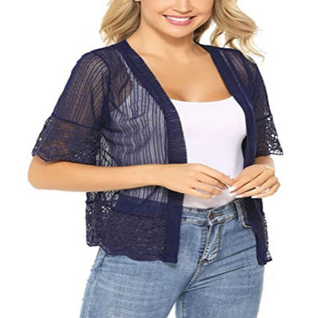 Women Open Front Shrug Ladies Short Sleeve Solid Color Lace Patchwork Sheer Bolero Cover Up
