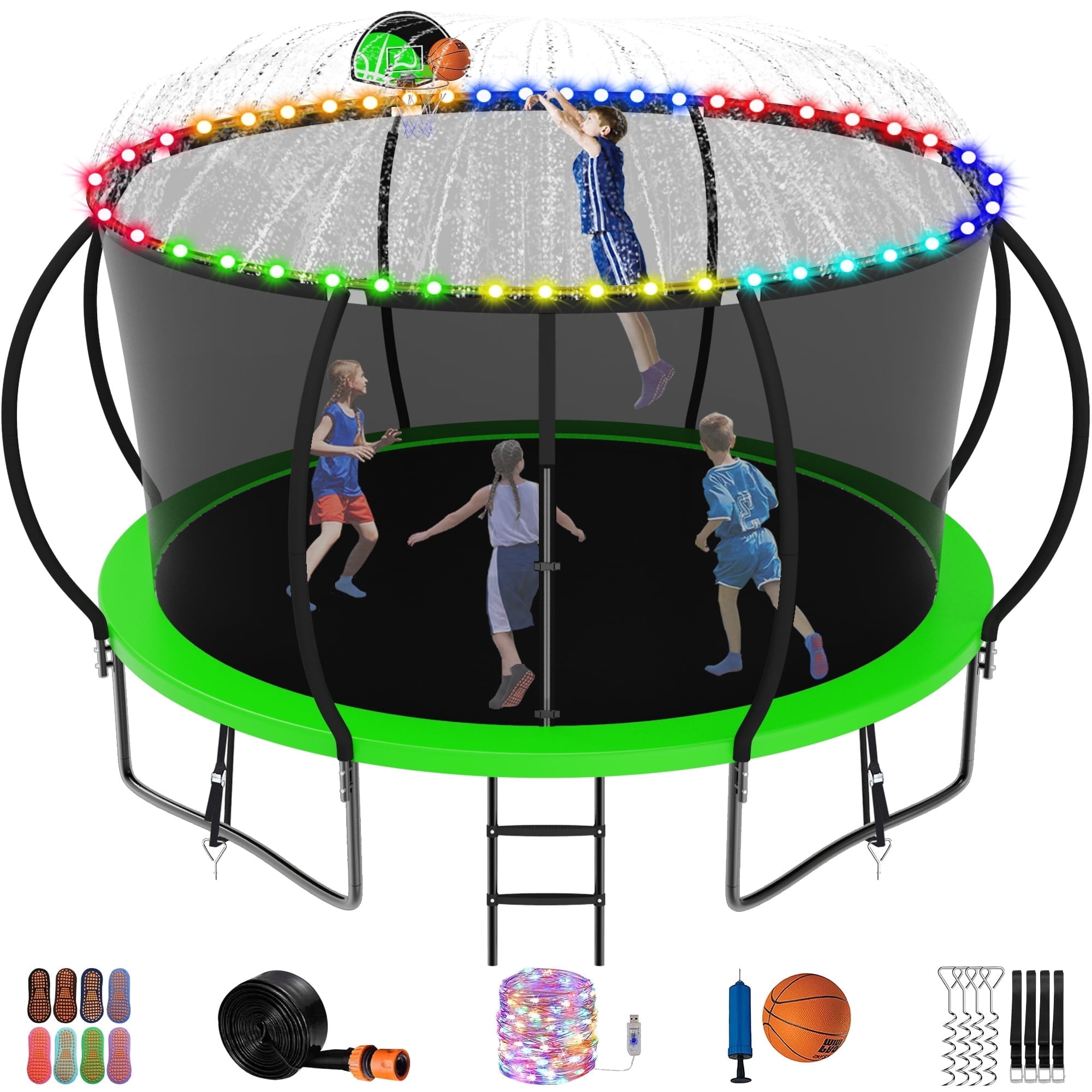 Jump Into Fun Trampoline 14FT, 1400LBS Trampoline for Kids and Adults with Enclosure, Basketball Hoop, Wind Stakes, LED light, Sprinkler and Socks, Outdoor Galvanized Full Spray Round Trampoline
