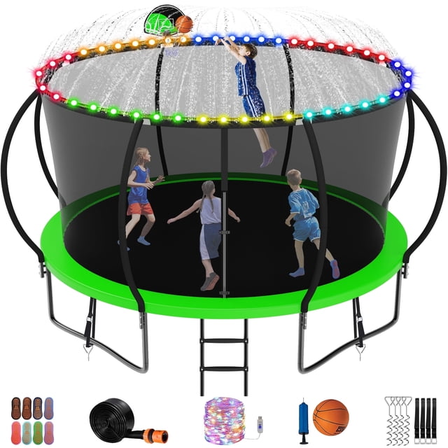 Jump Into Fun Trampoline 14FT, 1400LBS Trampoline for Kids and Adults with Enclosure, Basketball Hoop, Wind Stakes, LED light, Sprinkler and Socks, Outdoor Galvanized Full Spray Round Trampoline