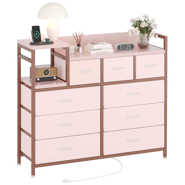 BeesClover Commode Moderne en Tissu de 39 Pouces, Meuble Télé avec Tiroirs, Station de Recharge Multifonction, Commode pour Chambre, Salon, Couloir