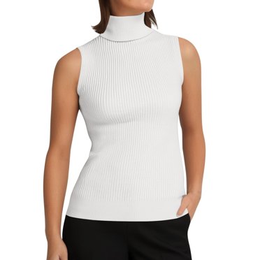 Bmisegm Women's Slim Fit Solid Color Vest Sweater Knitted Sleeveless Turtleneck with Tank Top for Layering White One Size