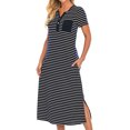 thumbnail image 4 of Women Stripe Print Side Split Button Short Sleeve Loungewear Midi Dress with Pocket, 4 of 7