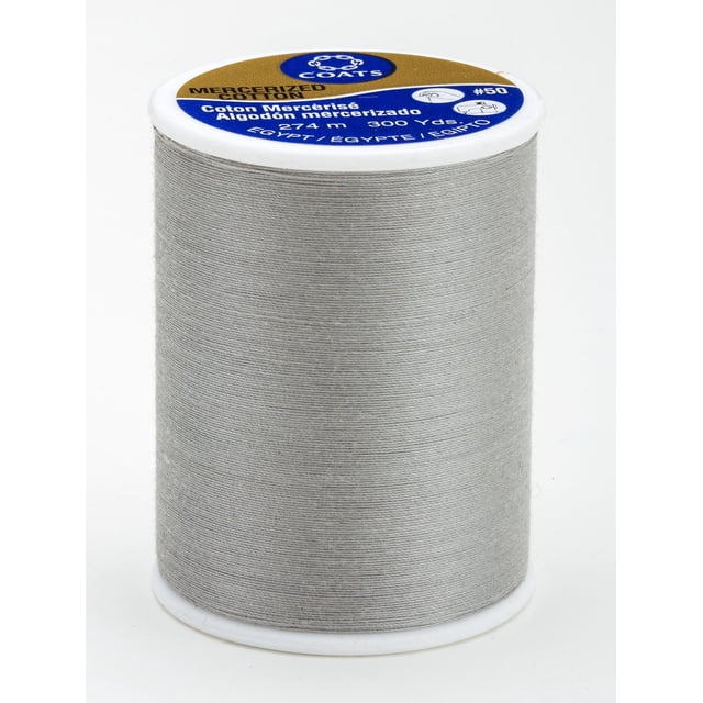 Coats & Clark™ 100% Cotton Thread, 300 Yards spool of light grey mercerized cotton thread on a white plastic spool, labeled with brand and length, suitable for sewing natural fibers and often used in quilting and embroidery.