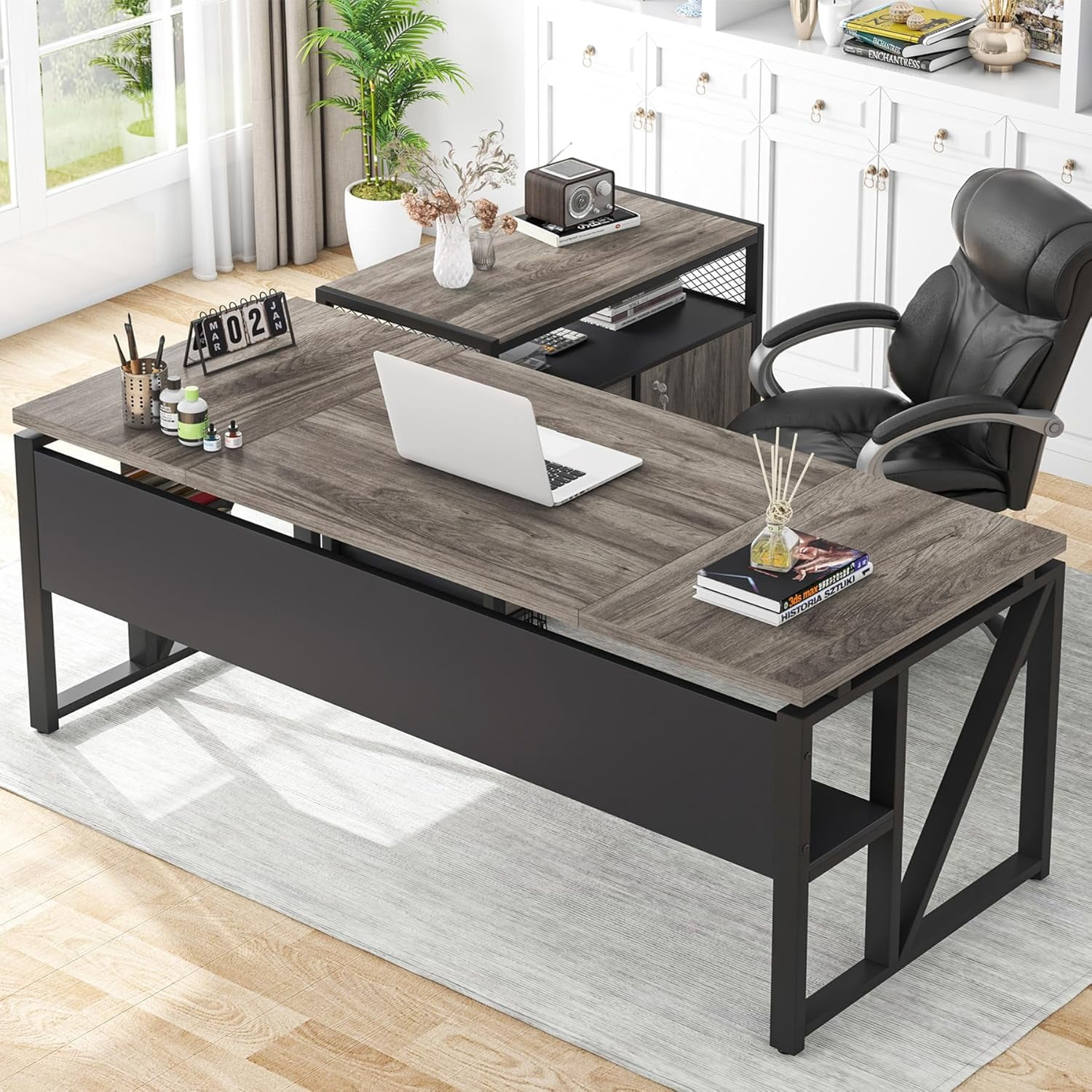 Tribesigns L Shaped Desk with Drawer Cabinet, 63" Executive Computer Desk and lateral File Cabinet, for Hanging File, Doors with Locks (Gray, 63 inches)