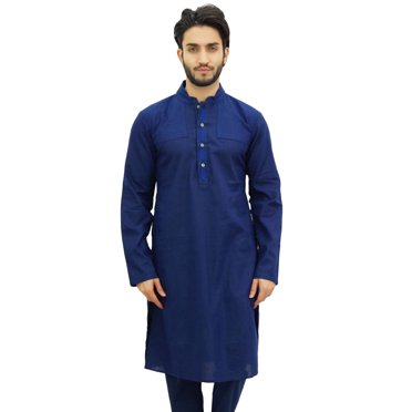 Atasi Kurta Long Décontracté en Lin pour Homme Bleu Chemise Ethnique de Designer - Petit