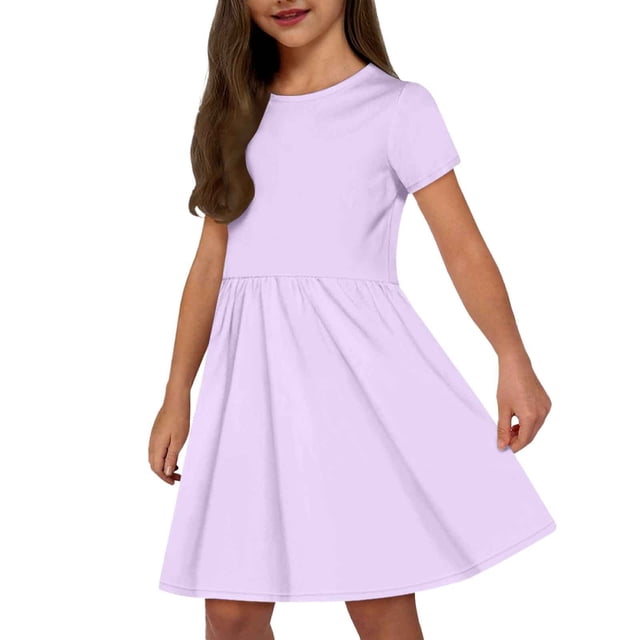 Robes pour Filles Mode Enfants Uni Col Rond Manches Courtes Décontracté Confortable Robe avec Poches Robes pour Tout-Petits Violet 9 Ans-10 Ans