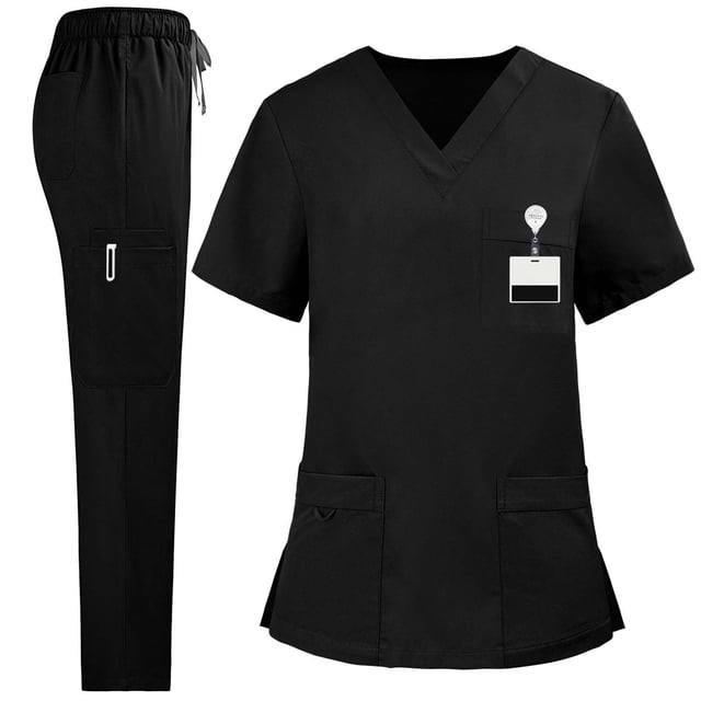 Women's Solid Color Loose Drawstring Pants Pocket Caregiver Short Sleeve V-Neck Top Nurse Uniform Set