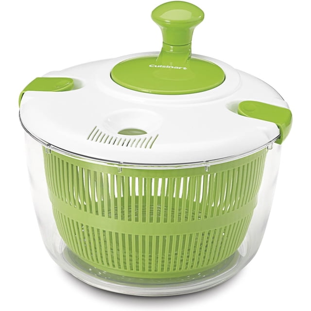 Cuisinart Essoreuse à Salade avec Bouton Facile à Faire Tourner Comprenant un Bol Transparent et un Panier Perforé Vert, Couvercle Blanc avec Languettes Vertes Verrouillables et Bouton central de Rotation, Conçue pour Laver et Essorer les Salades, Verdures et Légumes Sans Retirer le Couvercle, avec base Antidérapante et base Transparente Utilisable comme Bol de Service.