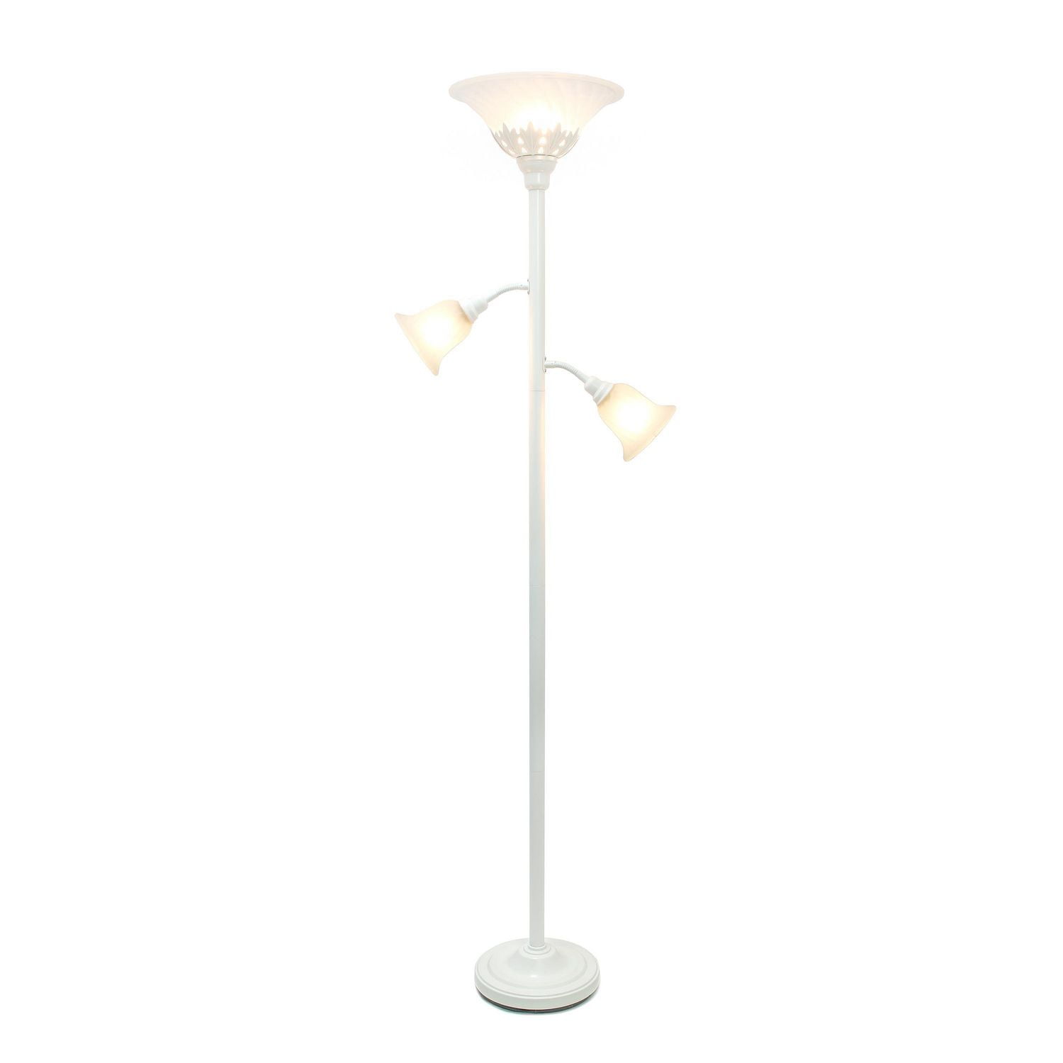 Lampe de sol élégante 3 lumières avec abat-jour en verre festonné, nickel brossé