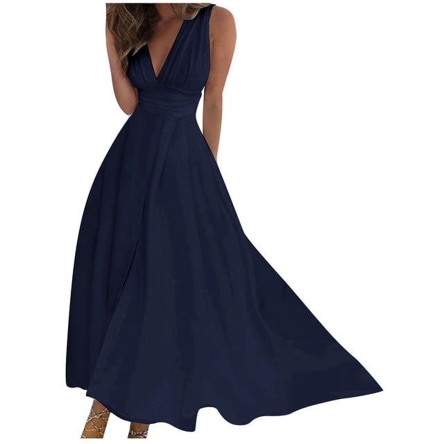 AherBiu Formal Dresses for Women Sleeveless Deep V Neck Ruched Flowy Evening Party Cocktail Maxi Dress