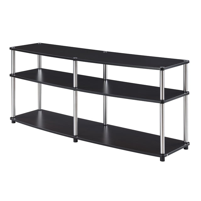 Convenience Concepts Designs2Go Three-Tier 60" TV Stand in Espresso Wood Finish. This contemporary TV stand features three open concept shelves supported by stainless steel clad poles, providing ample space for media devices and decor. The espresso wood finish complements modern interiors, while the durable particle board and melamine veneer construction ensure longevity. Designed to accommodate TVs up to 60 inches and 100 lbs, it includes cable management for a tidy setup. Dimensions: 24" H x 59.25" W x 15.75" D.