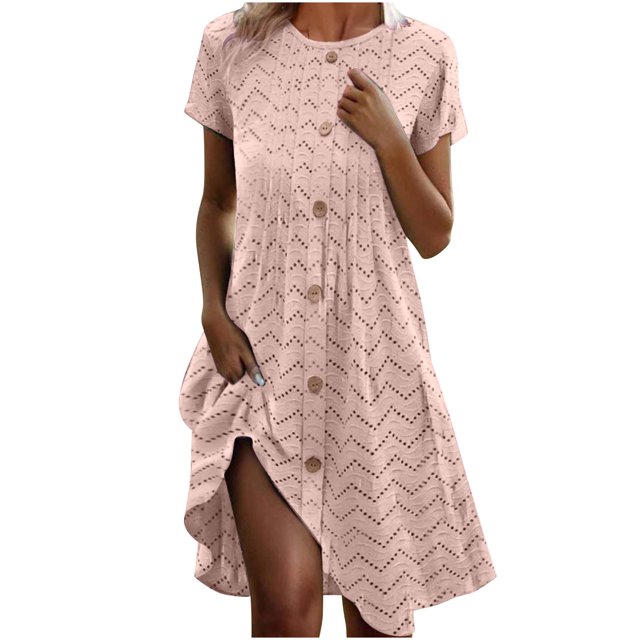 Mgmyaa Robe d'Été Décontractée pour Femme à Manches Courtes, Midi à Boutons, Robe de Plage, de Voyage et de Vacances