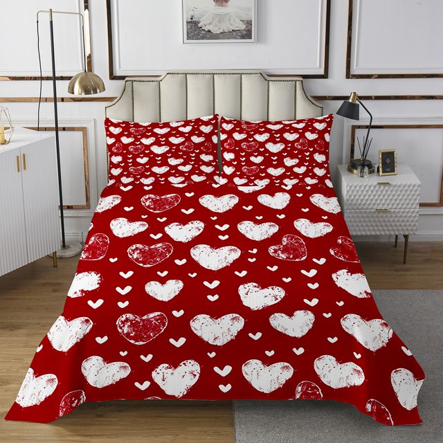 Erosebridal Kawaii Love Heart Coverlet Set Queen, Red Bedding Set, Cartoon Decor 3 Pieces