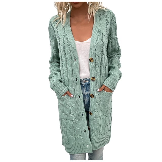 FAIWAD Cable Knit Long Cardigan for Women in pastel green, designed with soft, lightweight material. Features include long sleeves, an open front with button closures, and two front pockets. Perfect for layering over casual outfits like a white top and denim jeans, ideal for fall and winter seasons.