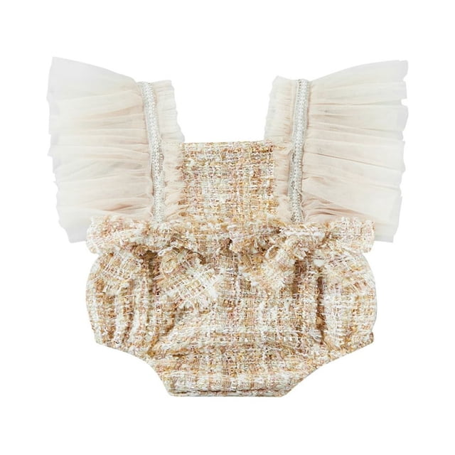 Baby Girls Sweet Style Romper Summer Autumn Infant Mesh Splicing Rhinestone Faux Pearl Decoration Sleeveless Jumpsuit