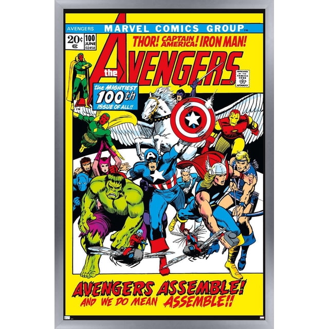 Marvel Comics - Avengers #100 Wall Poster, 22.375" x 34" featuring a classic comic book cover with Avengers superheroes including Captain America holding his shield, Thor wielding Mjolnir, Iron Man in red and yellow armor, Hulk in green, Hawkeye with a bow, and other characters in dynamic action poses on a bright yellow background with bold red and blue text reading 'Avengers Assemble! And we do mean Assemble!!'.