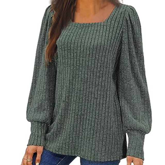 Meichang Puff Long Sleeve Shirts for Women Plus Size Square Neck Ribbed Knit Tops Solid Loose Fit Side Slit Hem Blouses Spring Trendy Women Tunic Tops