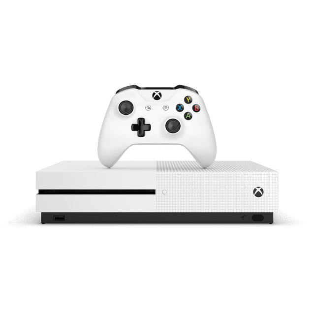 Microsoft Xbox One S 1TB Console 2020, Refurbished, shown in a front-facing view with a white console featuring a perforated design on the right side and a matching white wireless controller placed on top. The console includes 1TB internal storage, 4K UHD Blu-ray playback, HDR gaming support, and backward compatibility for Xbox One, Xbox 360, and original Xbox games. Refurbished with a 90-day store warranty and packaged in a generic box.