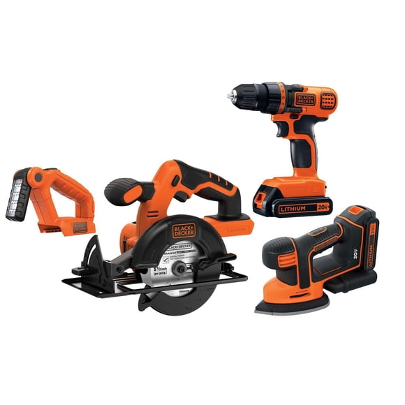 BLACK+DECKER 20V MAX* Lithium Ion 4 Tool Combo Kit: Drill/Driver, Circular Saw, MOUSE™ Detail Sander and Light