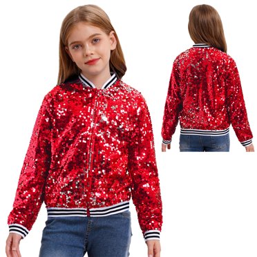 Aislor Girls Sparkle Sequin Bomber Jacket Glitter Jackets Long Sleeve Coat with Stripe Ribbed Cuffs Red 6