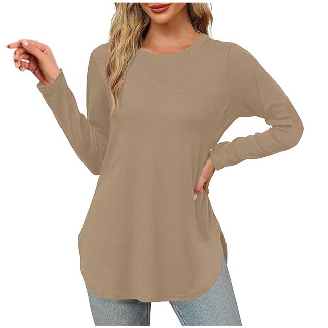 Pisexur Hauts pour Femmes Décontractés Col Rond T-Shirts Couleur Unie Été Classique Manches Longues Tuniques Tendance Blouses Automne