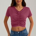 thumbnail image 2 of Timegard Hauts d'Été pour Femmes Col en V Froncé Manches Courtes Crop Top Décontracté Ajusté T-Shirt Uni Mode, 2 of 7