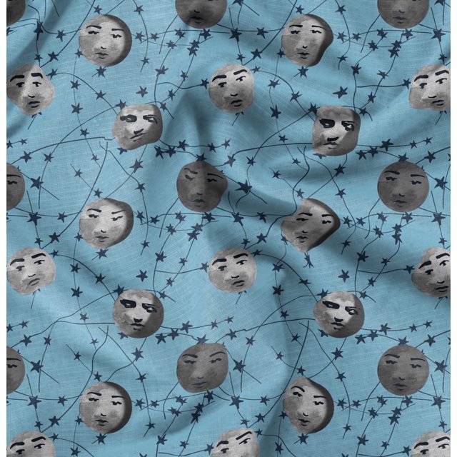 Soimoi Silk Fabric Moon & Stars Galaxy Decor Fabric Printed Yard 42 Inch Wide