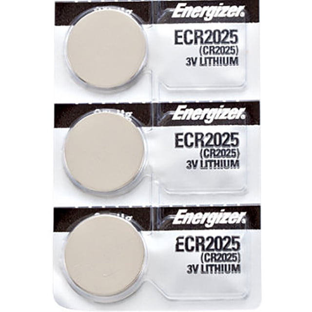 3 x Energizer CR2025 Batteries, Lithium Battery 2025. A pack of three 3V lithium coin batteries, labeled ECR2025, suitable for watches, key fobs, calculators, toys, car starters, keyless remotes, and health monitors. Packaged in a clear blister pack with visible branding.