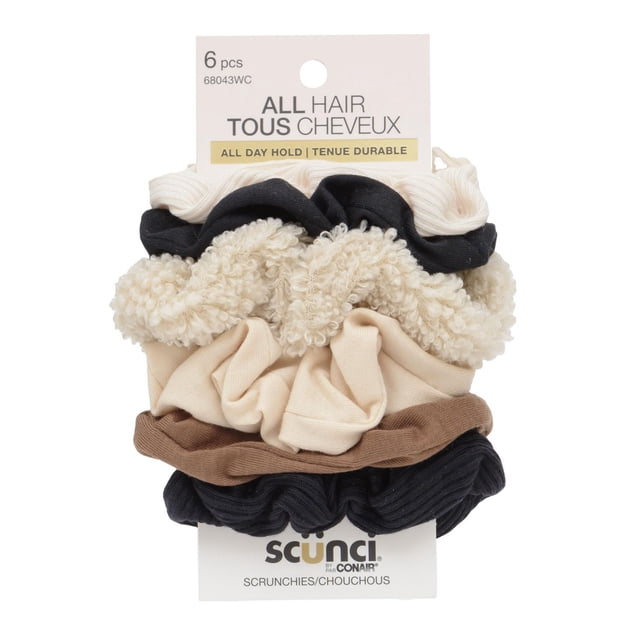 Scunci Lot de 6 Scrunchies Neutres Comprenant six Scrunchies de Couleur Neutre Assortis en Noir, Brun, beige et Crème avec des textures en sherpa et en Tissu Froncé, Conçus pour Tous les types de Cheveux et une Tenue Toute la Journée, Convenant Aussi comme Accessoires de Poignet.
