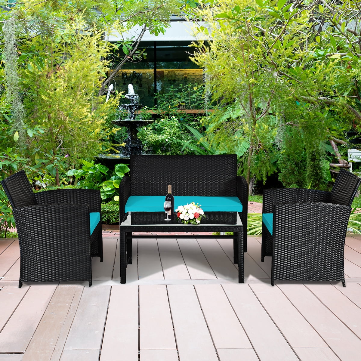 Patiojoy 4 Piece Outdoor Patio Rattan Furniture Set Turquoise