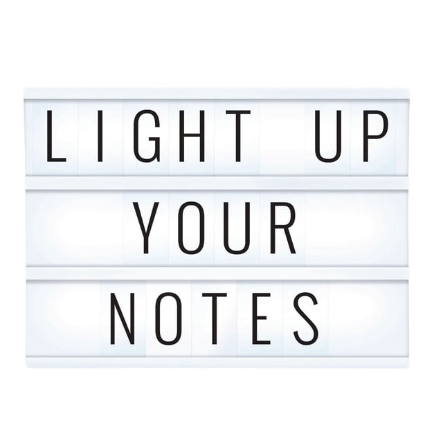 Mercury Merkury Personal LED Lightbox with three rows displaying 'LIGHT UP YOUR NOTES' in black letters on a cool-white LED backlit white panel, designed for wall mounting or desktop use, powered by USB or batteries and ideal for creative messaging.