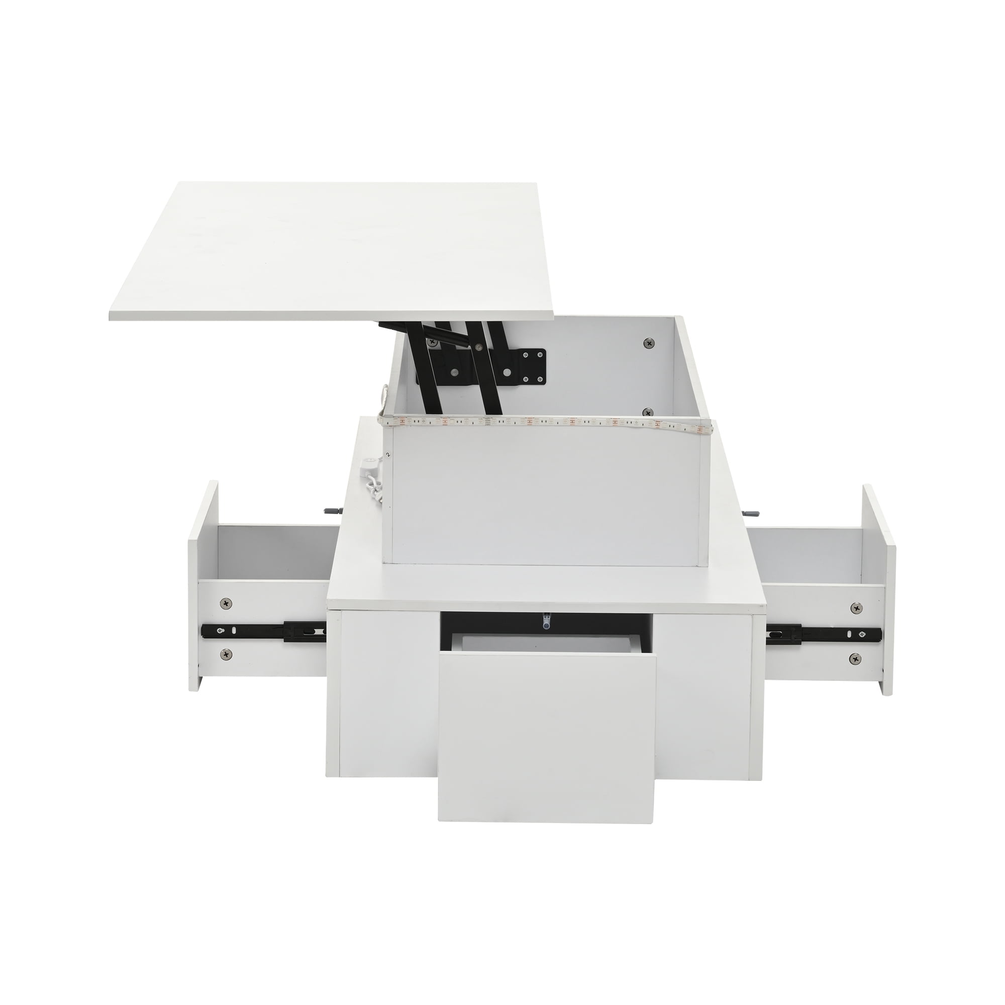 Homy Casa table basse blanche relevable avec 4 tiroirs, lumières LED et rangement caché pour salon