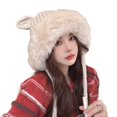 thumbnail image 2 of Autumn Winter Women Beanie Hat Cute Ears Fixing Rope Solid Color Ear Protection Windproof Korean Style Fluffy Knitting Hat for Daily Wear, 2 of 8