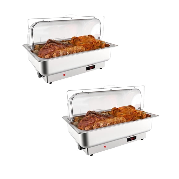 Ensemble de 2 Plats Électriques pour Buffet, Réchaud à Rouleau de 9 QT avec Couvercle en PC Transparent, Contrôle de Température 400 W 86-200 °F, Réchaud en Acier Inoxydable pour Traiteurs et Fêtes