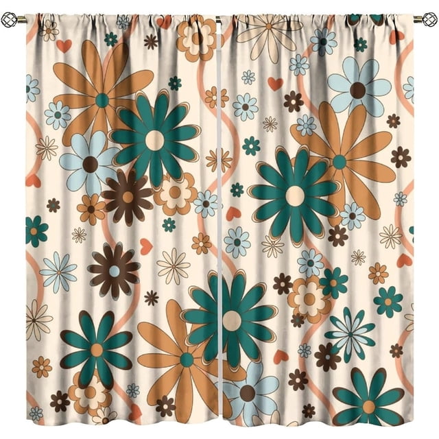 Rideaux Occultants Rétro à Motif Floral, Fleurs Groovy Funky Hippies Colorées, Belles, Style Rustique Boho, Imprimé, Traitements de Fenêtre à Passe-Tringle, Draperies pour Chambre, Salon, Cuisine 84 Pouces L X 84 Pouces H