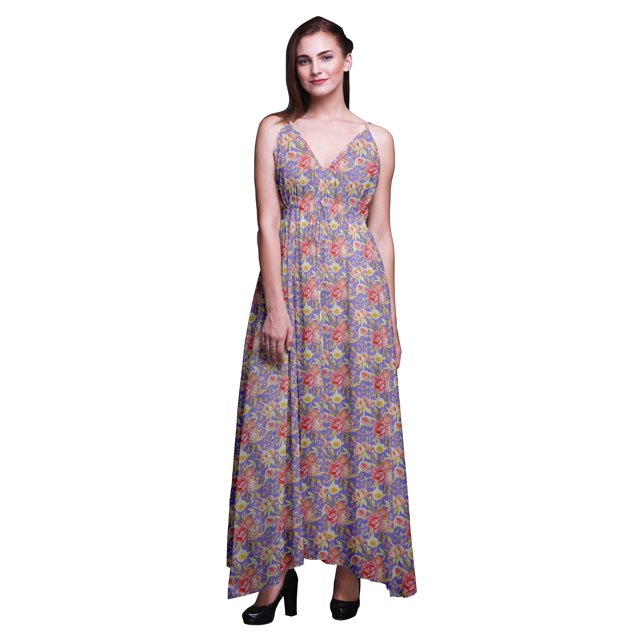 Bimba Floral Ladies Printed Resort Maxi DrawstringDressSpaghetti Strap Beach Wear-X-Small