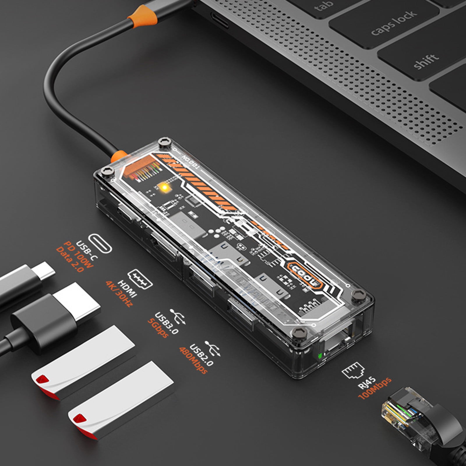 PEONAVET Usb Hub Usb Hub Type C Hub Docking Station Multi-function Hub Support HDMI 4K30HZ-clear Large Screen + PD3.0 100W Fast Charge + RJ45 100Mbps Network Connection