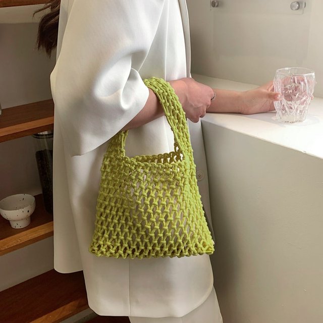 Cotton Thread Handbags Straw Woven Hollow Net Shopping Beach Vacation Purses
