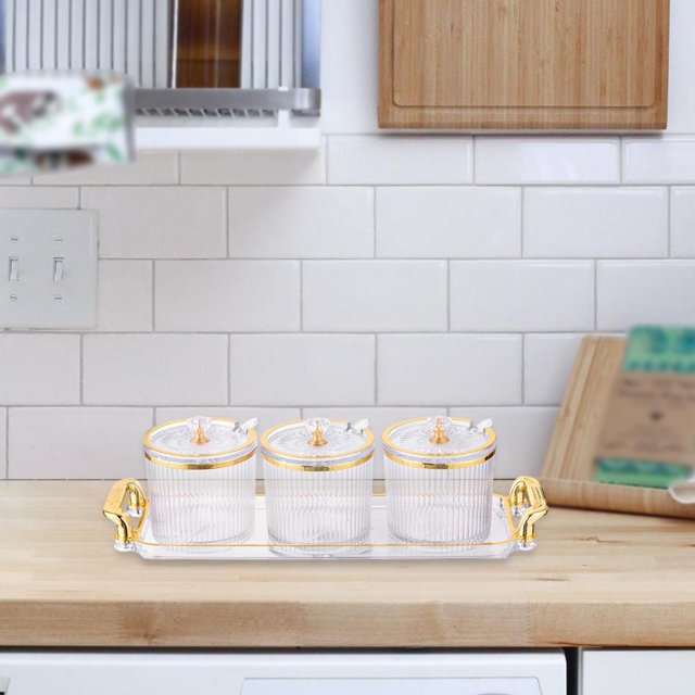 3 Pieces Stylish Simple Condiment Canisters Pots Set with Spoon Lid and Base Clear