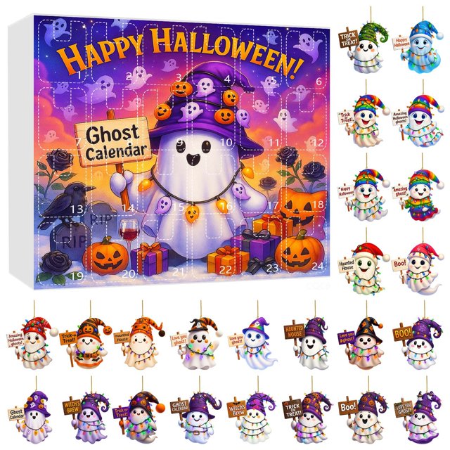Ensembles de Compte à Rebours Halloween Ornements Suspendus Imprimés Plats 2D Calendrier de Compte à Rebours Mignon en Acrylique