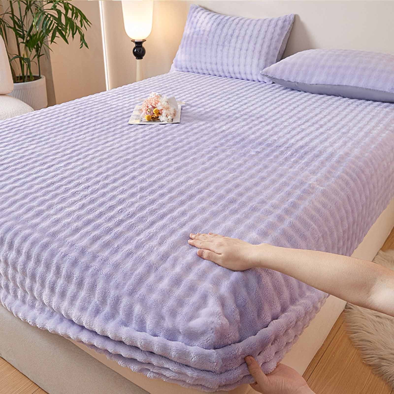 Boovnll Fitted Bed Sheet Winter Rabbit Plush Velvet Bed Hat Single Piece Padded Bed Cover Mattress Protector Thickened Coral Velvet Bed Cover Rabbit Velvet Bedspread